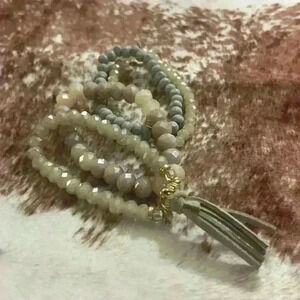 Gray and neutral‎ beaded bracelet with tassel set of 4